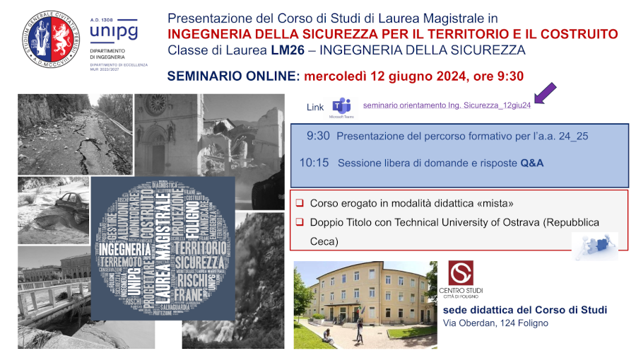 Seminario online di orientamento: presentazione del Corso di Studi di Laurea Magistrale in INGEGNERIA DELLA SICUREZZA PER IL TERRITORIO E IL COSTRUITO